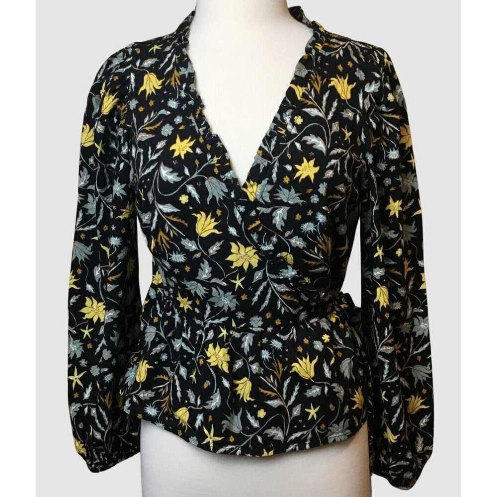 Universal Thread Ruffled V-Neck Navy Floral Long Sleeve Wrap Front Blouse SM